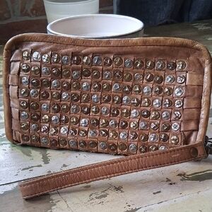 Platania Genuine Leather Wristlet— Tan Brown- Studded Design